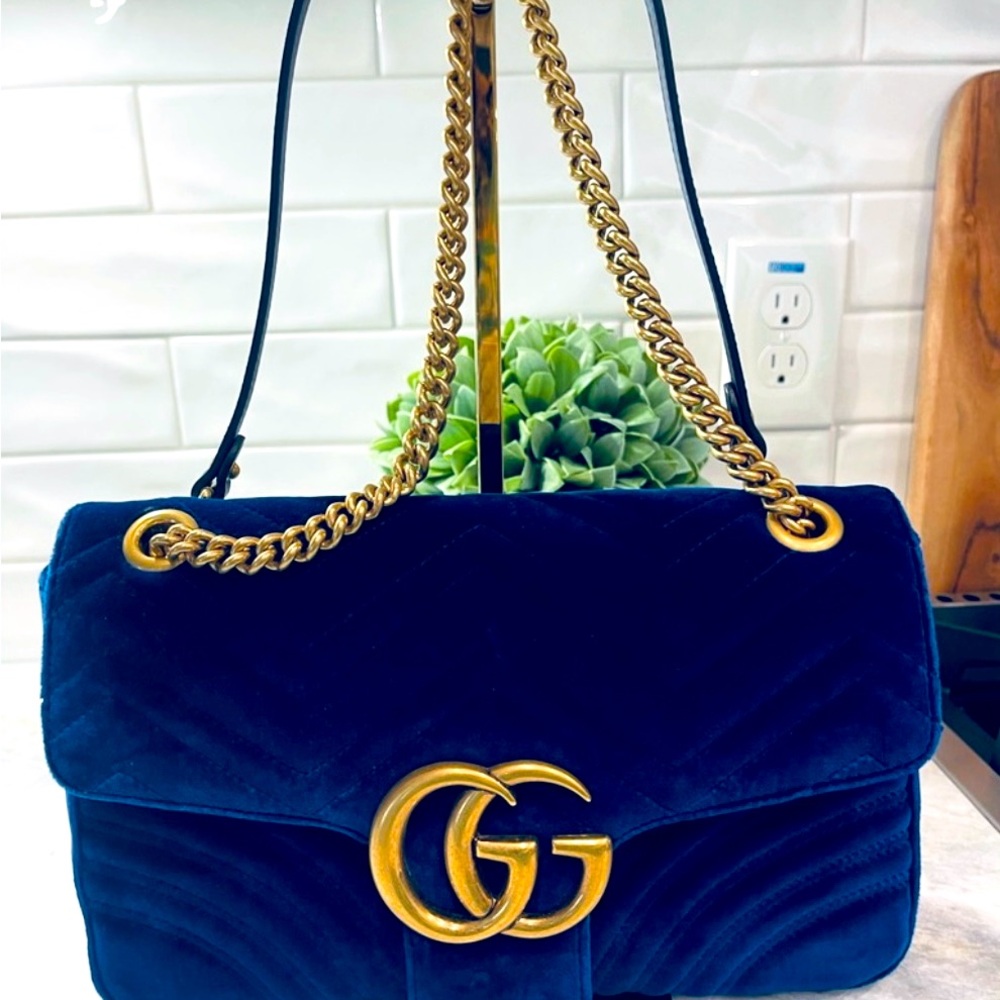 GUCCI BRIGHT BLUE Velvet Soft Shoulder Bag decorated with Gold Chain Handle